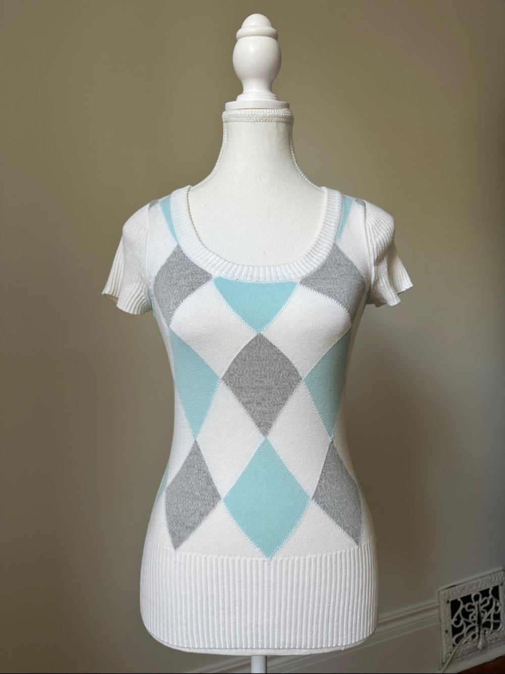 SUZY SHIER Y2K Whimsigoth Preppy Argyle Short Sleeve Banded Top Size XSmall